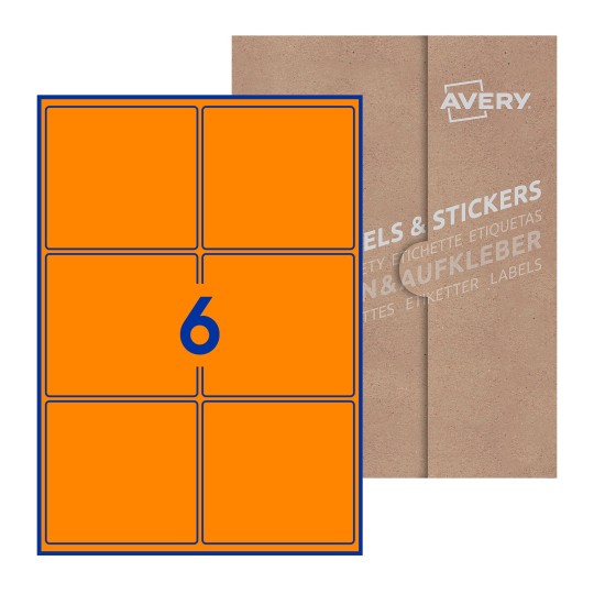 Folha branca com 6 etiquetas adesivas retangulares 99x93 com caixa de embalagem de papel - Etiquetas adesivas retangulares Avery® 99 x 93 mm