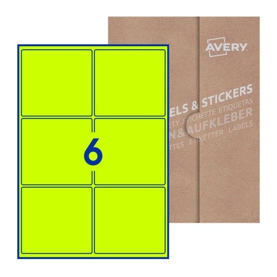 Folha branca com 6 etiquetas adesivas retangulares 99x93 com caixa de embalagem de papel - Etiquetas adesivas retangulares Avery® 99 x 93 mm