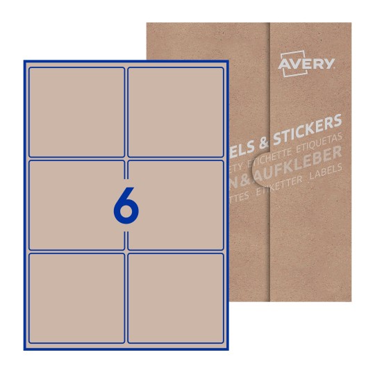 Folha branca com 6 etiquetas adesivas retangulares 99x93 com caixa de embalagem de papel - Etiquetas adesivas retangulares Avery® 99 x 93 mm