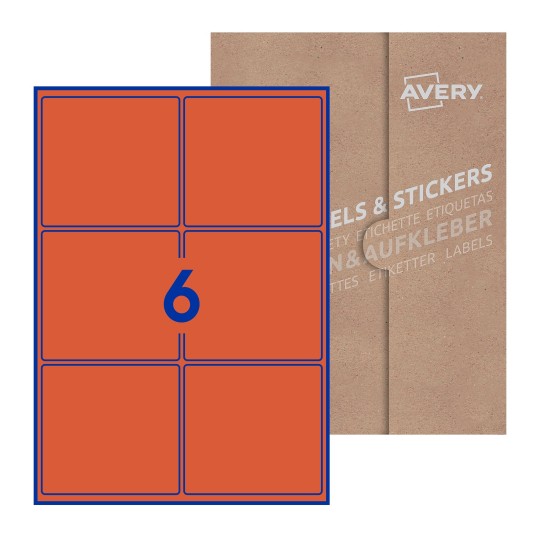 Folha branca com 6 etiquetas adesivas retangulares 99x93 com caixa de embalagem de papel - Etiquetas adesivas retangulares Avery® 99 x 93 mm