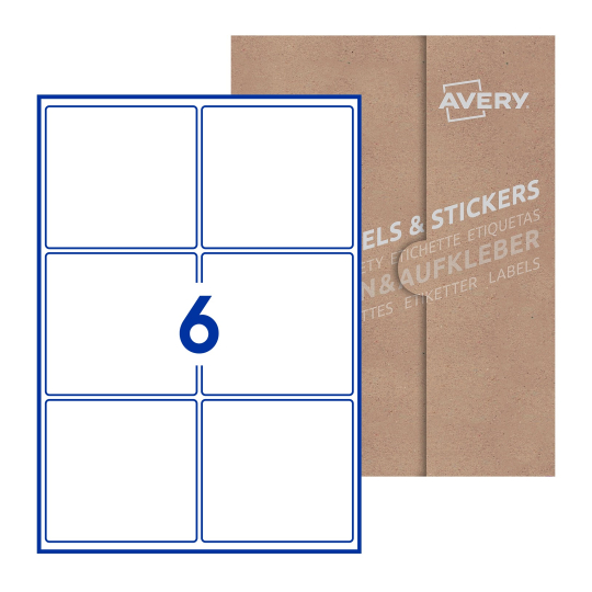Folha branca com 6 etiquetas adesivas retangulares 99x93 com caixa de embalagem de papel - Etiquetas adesivas retangulares Avery® 99 x 93 mm