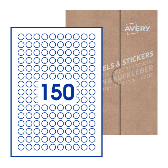 folha branca com 150 etiquetas adesivas redondas 15mm com caixa de embalagem de papel - Etiquetas adesivas redondas Avery® ø 15 mm