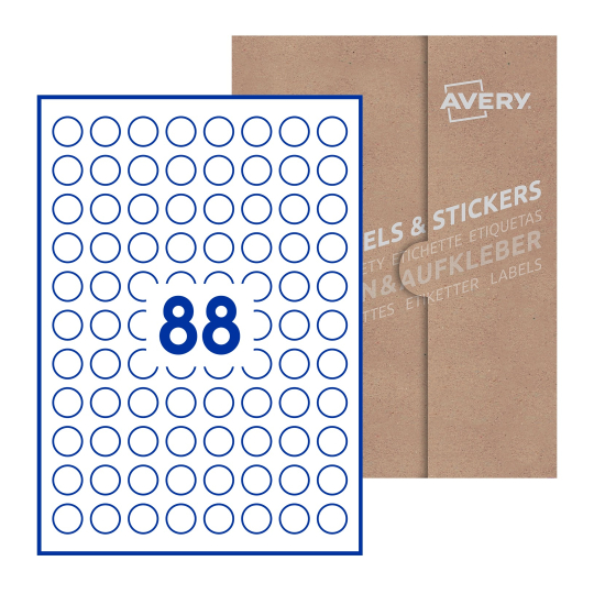 folha branca com 88 etiquetas adesivas redondas 20mm com caixa de embalagem de papel - Etiquetas adesivas redondas Avery® ø 20 mm 