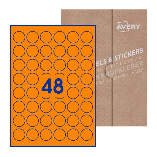 folha branca com 48 etiquetas adesivas redondas com caixa de embalagem de papel - Etiquetas adesivas redondas Avery® ø 30 mm