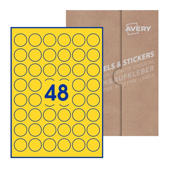 folha branca com 48 etiquetas adesivas redondas com caixa de embalagem de papel - Etiquetas adesivas redondas Avery® ø 30 mm