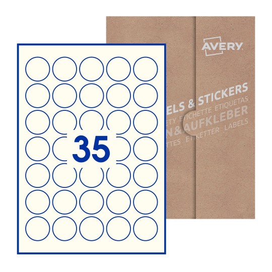 folha branca com 35 etiquetas adesivas redondas com caixa de embalagem de papel - Etiquetas adesivas redondas Avery® ø 35 mm
