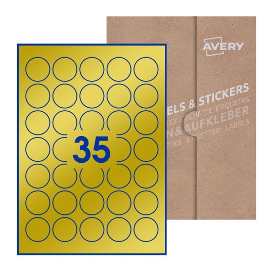 folha branca com 35 etiquetas adesivas redondas com caixa de embalagem de papel - Etiquetas adesivas redondas Avery® ø 35 mm