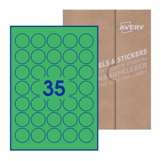 folha branca com 35 etiquetas adesivas redondas com caixa de embalagem de papel - Etiquetas adesivas redondas Avery® ø 35 mm