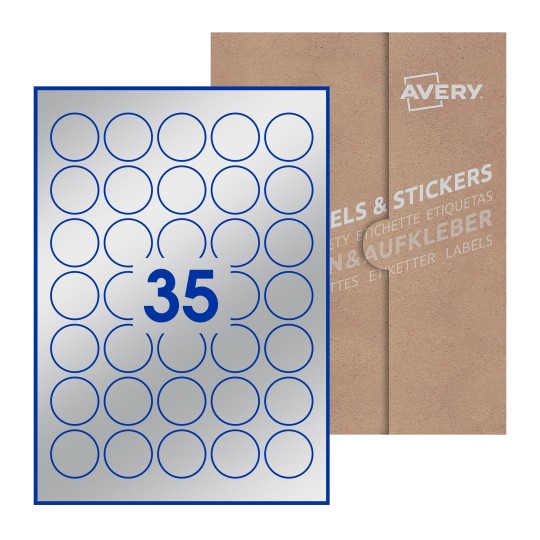folha branca com 35 etiquetas adesivas redondas com caixa de embalagem de papel - Etiquetas adesivas redondas Avery® ø 35 mm