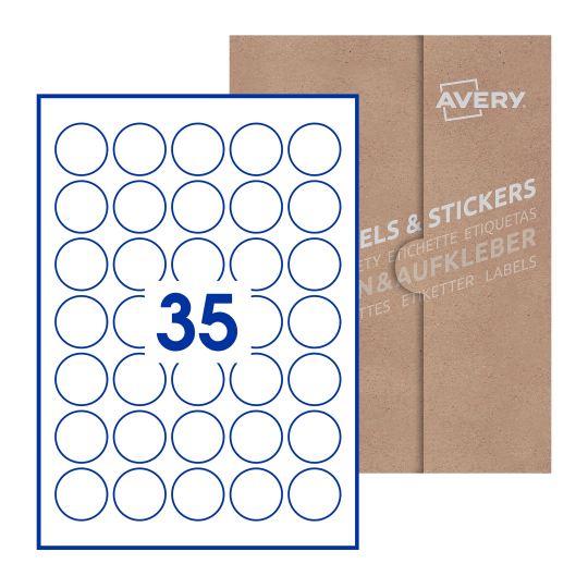 folha branca com 35 etiquetas adesivas redondas com caixa de embalagem de papel - Etiquetas adesivas redondas Avery® ø 35 mm