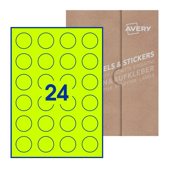 folha branca com 24 etiquetas adesivas redondas com caixa de embalagem de papel - Etiquetas adesivas redondas Avery® ø 37 mm 