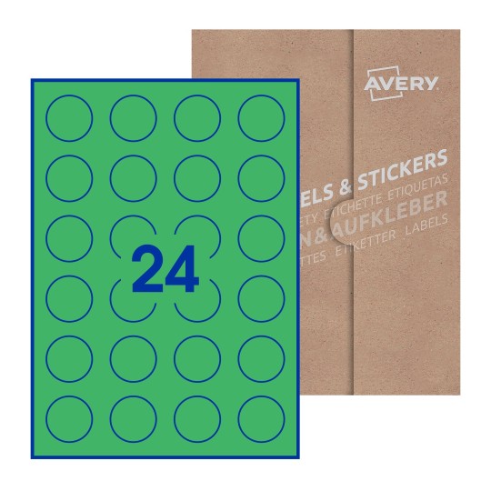 folha branca com 24 etiquetas adesivas redondas com caixa de embalagem de papel - Etiquetas adesivas redondas Avery® ø 37 mm 