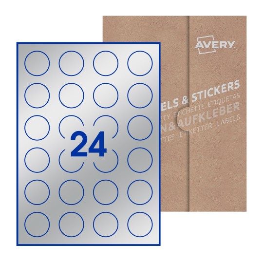 folha branca com 24 etiquetas adesivas redondas com caixa de embalagem de papel - Etiquetas adesivas redondas Avery® ø 37 mm 