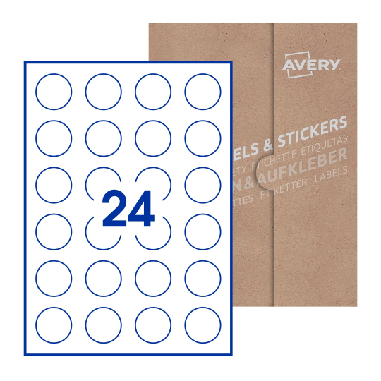 folha branca com 24 etiquetas adesivas redondas com caixa de embalagem de papel - Etiquetas adesivas redondas Avery® ø 37 mm 