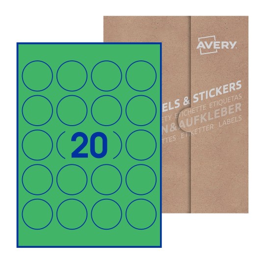 folha branca com 24 etiquetas adesivas redondas com caixa de embalagem de papel. - Etiquetas adesivas redondas Avery® ø 45 mm