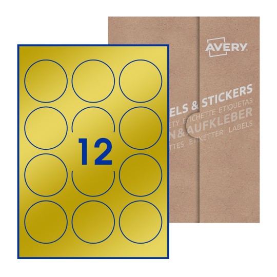 folha branca com 12 etiquetas adesivas redondas 60mm com caixa de embalagem de papel - Etiquetas adesivas redondas Avery® ø 60 mm