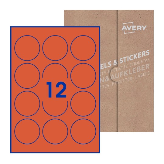 folha branca com 12 etiquetas adesivas redondas 60mm com caixa de embalagem de papel - Etiquetas adesivas redondas Avery® ø 60 mm