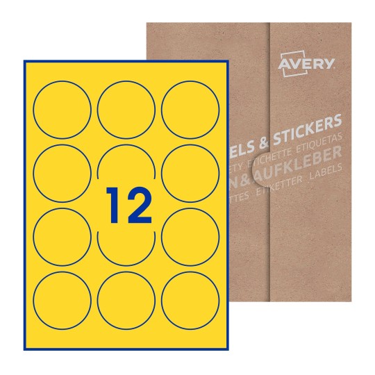 folha branca com 12 etiquetas adesivas redondas 60mm com caixa de embalagem de papel - Etiquetas adesivas redondas Avery® ø 60 mm