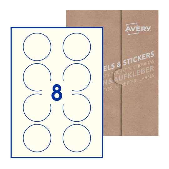 folha branca com 8 etiquetas adesivas redondas 64mm com caixa de embalagem de papel - Etiquetas adesivas redondas Avery® ø 64 mm