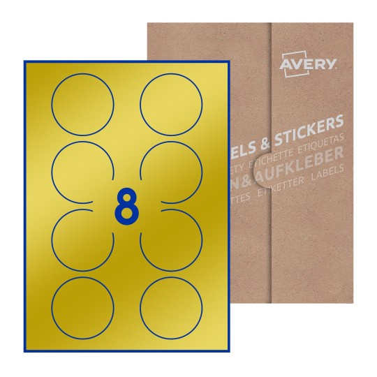 folha branca com 8 etiquetas adesivas redondas 64mm com caixa de embalagem de papel - Etiquetas adesivas redondas Avery® ø 64 mm