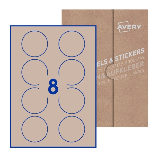 folha branca com 8 etiquetas adesivas redondas 64mm com caixa de embalagem de papel - Etiquetas adesivas redondas Avery® ø 64 mm