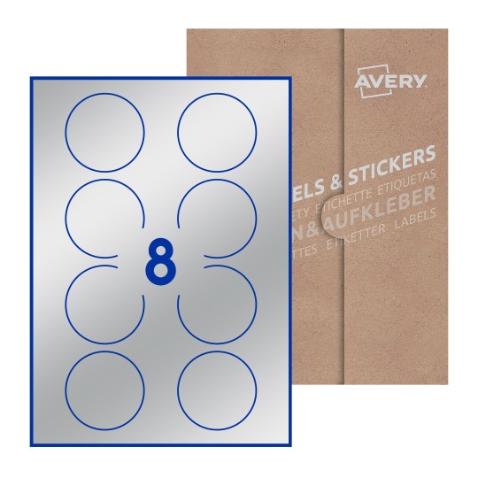 folha branca com 8 etiquetas adesivas redondas 64mm com caixa de embalagem de papel - Etiquetas adesivas redondas Avery® ø 64 mm
