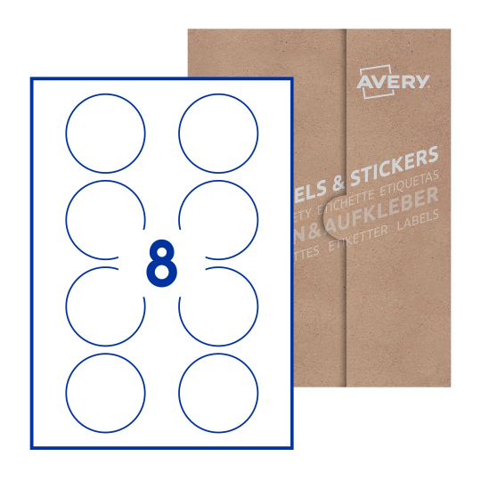 folha branca com 8 etiquetas adesivas redondas 64mm com caixa de embalagem de papel - Etiquetas adesivas redondas Avery® ø 64 mm