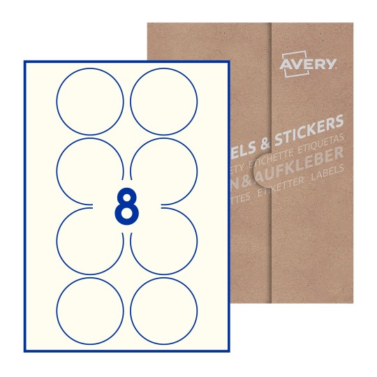 folha branca com 8 etiquetas adesivas redondas 69mm com caixa de embalagem de papel - Etiquetas adesivas redondas Avery® ø 69 mm