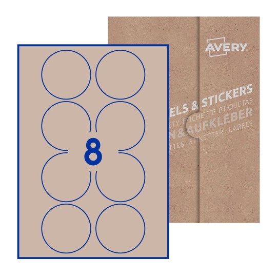 folha branca com 8 etiquetas adesivas redondas 69mm com caixa de embalagem de papel - Etiquetas adesivas redondas Avery® ø 69 mm