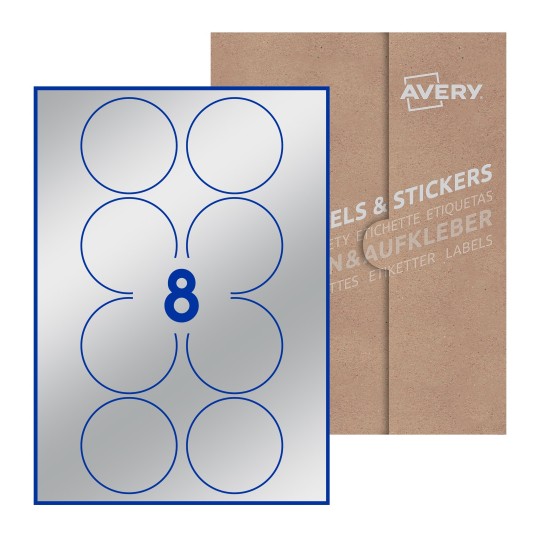 folha branca com 8 etiquetas adesivas redondas 69mm com caixa de embalagem de papel - Etiquetas adesivas redondas Avery® ø 69 mm