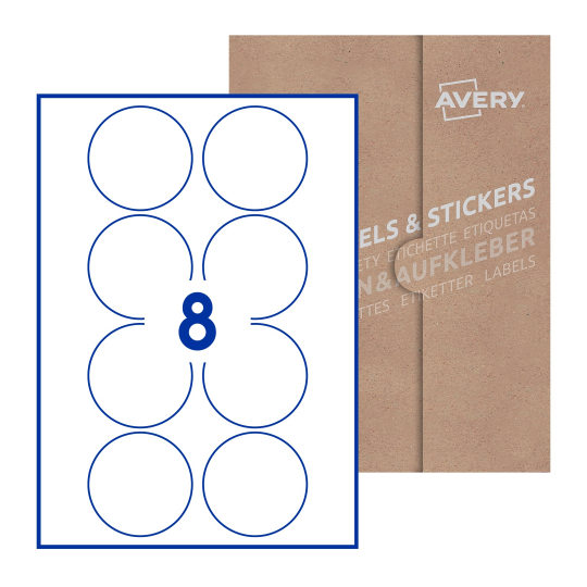 folha branca com 8 etiquetas adesivas redondas 69mm com caixa de embalagem de papel - Etiquetas adesivas redondas Avery® ø 69 mm
