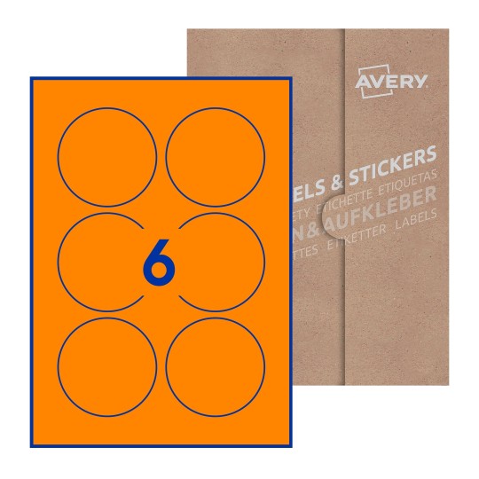 folha branca com 6 etiquetas adesivas redondas 80mm com caixa de embalagem de papel - Etiquetas adesivas redondas Avery® ø 80 mm