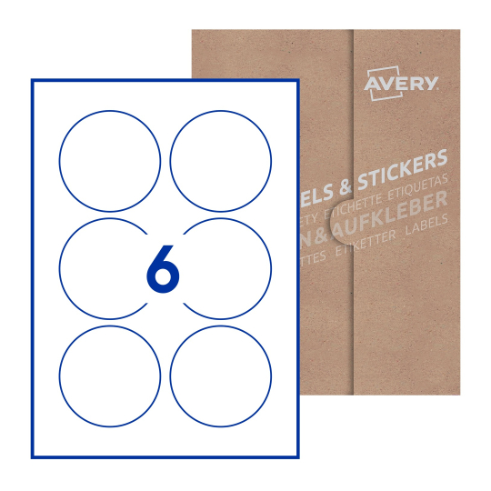 folha branca com 6 etiquetas adesivas redondas 80mm com caixa de embalagem de papel - Etiquetas adesivas redondas Avery® ø 80 mm