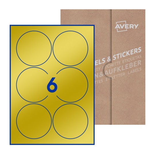 folha branca com 6 etiquetas adesivas redondas 88mm com caixa de embalagem de papel - Etiquetas adesivas redondas Avery® ø 88 mm