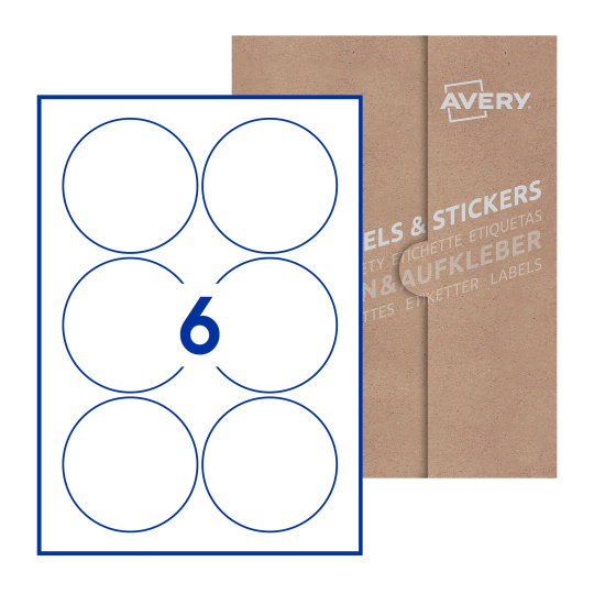folha branca com 6 etiquetas adesivas redondas 88mm com caixa de embalagem de papel - Etiquetas adesivas redondas Avery® ø 88 mm