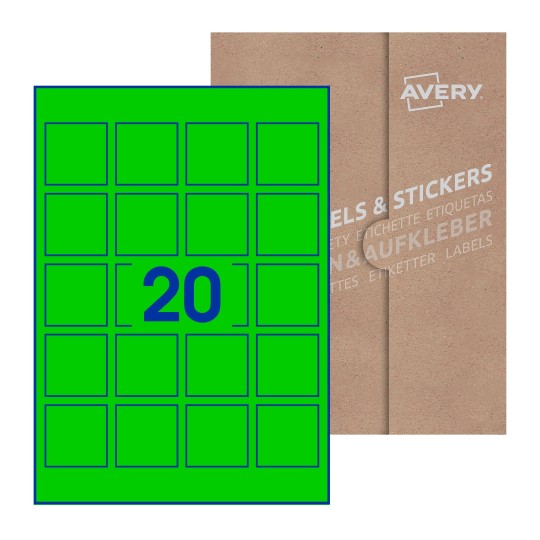 folha branca com 20 etiquetas adesivas quadradas 45x45 com caixa de embalagem de papel - Etiquetas adesivas quadradas Avery® 45 x 45 mm