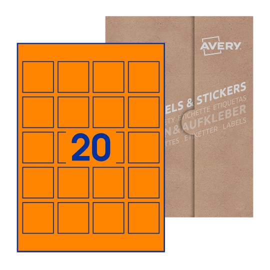 folha branca com 20 etiquetas adesivas quadradas 45x45 com caixa de embalagem de papel - Etiquetas adesivas quadradas Avery® 45 x 45 mm