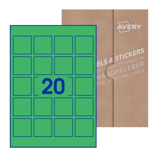 folha branca com 20 etiquetas adesivas quadradas 45x45 com caixa de embalagem de papel - Etiquetas adesivas quadradas Avery® 45 x 45 mm
