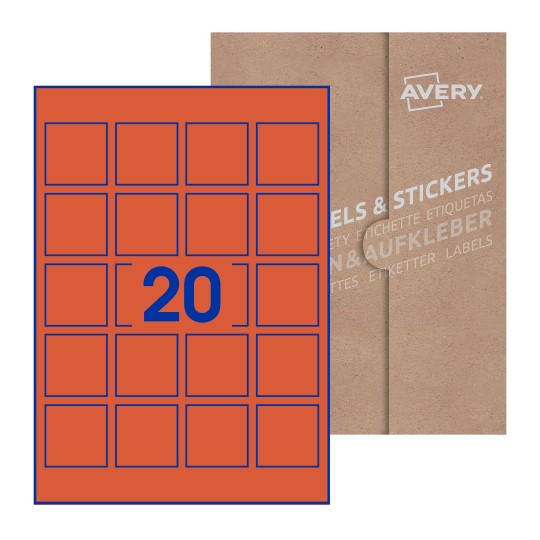 folha branca com 20 etiquetas adesivas quadradas 45x45 com caixa de embalagem de papel - Etiquetas adesivas quadradas Avery® 45 x 45 mm
