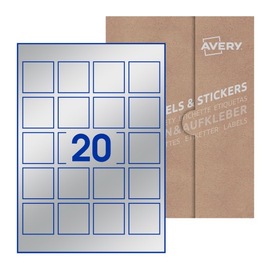 folha branca com 20 etiquetas adesivas quadradas 45x45 com caixa de embalagem de papel - Etiquetas adesivas quadradas Avery® 45 x 45 mm