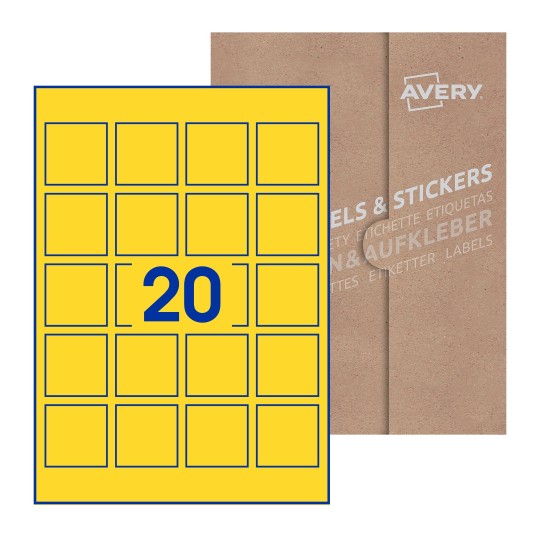 folha branca com 20 etiquetas adesivas quadradas 45x45 com caixa de embalagem de papel - Etiquetas adesivas quadradas Avery® 45 x 45 mm
