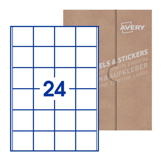 folha branca com 15 etiquetas adesivas quadradas 50x50 com caixa de embalagem de papel - Etiquetas adesivas quadradas Avery® 50 x 50 mm