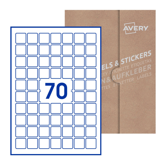 folha branca com 70 etiquetas adesivas quadradas 25x25 com caixa de embalagem de papel - Etiquetas adesivas quadradas Avery® 25 x 25 mm