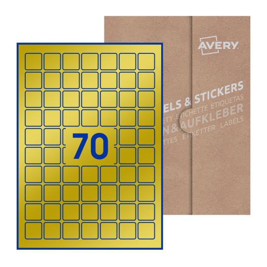 folha branca com 70 etiquetas adesivas quadradas 25x25 com caixa de embalagem de papel - Etiquetas adesivas quadradas Avery® 25 x 25 mm