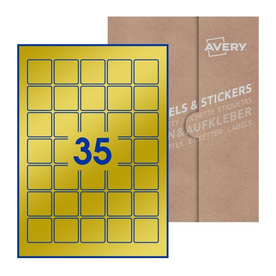 folha branca com 35 etiquetas adesivas quadradas 35x35 com caixa de embalagem de papel - Etiquetas adesivas quadradas Avery® 35 x 35 mm