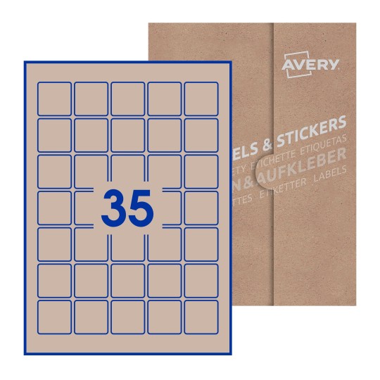 folha branca com 35 etiquetas adesivas quadradas 35x35 com caixa de embalagem de papel - Etiquetas adesivas quadradas Avery® 35 x 35 mm