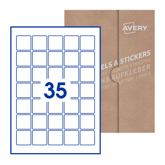 folha branca com 35 etiquetas adesivas quadradas 35x35 com caixa de embalagem de papel - Etiquetas adesivas quadradas Avery® 35 x 35 mm