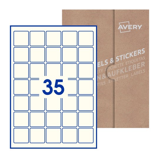 folha branca com 35 etiquetas adesivas quadradas 37x37 com caixa de embalagem de papel - Etiquetas adesivas quadradas Avery® 37 x 37 mm