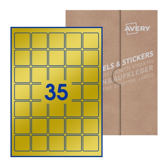 folha branca com 35 etiquetas adesivas quadradas 37x37 com caixa de embalagem de papel - Etiquetas adesivas quadradas Avery® 37 x 37 mm
