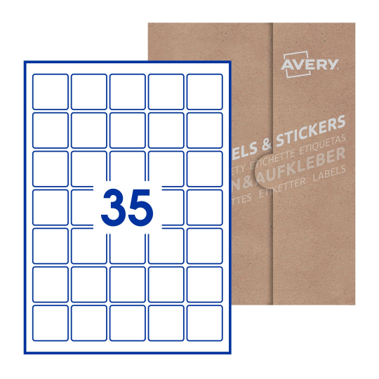 folha branca com 35 etiquetas adesivas quadradas 37x37 com caixa de embalagem de papel - Etiquetas adesivas quadradas Avery® 37 x 37 mm